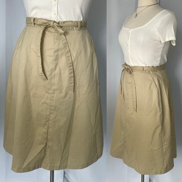 Vintage Wrangler Skirt Size 14 Khaki Tan A Line Midi High Rise Minimalist Retro - Picture 1 of 16